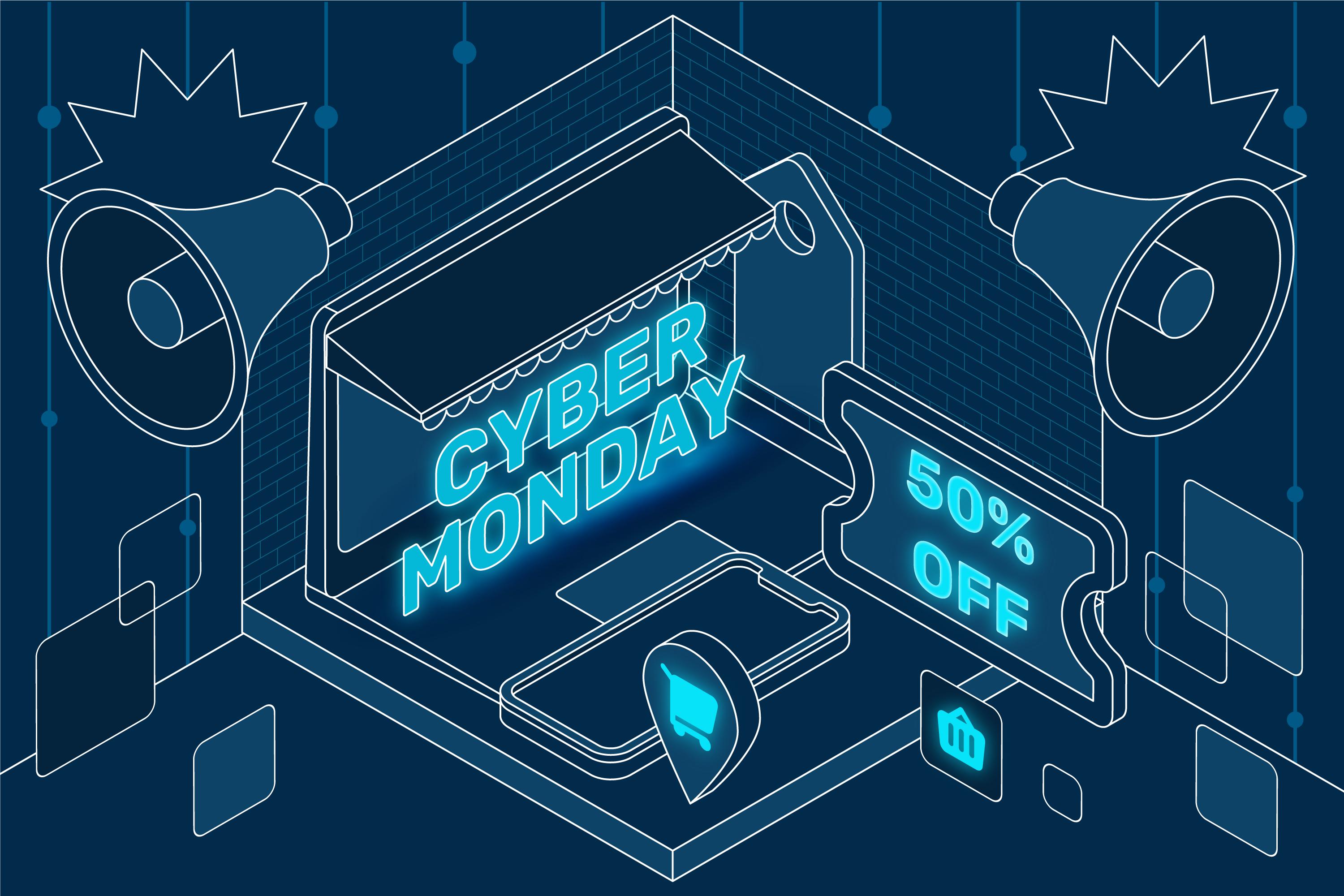 Flat vector cover art, concept of digital Black Friday sales and global internet discounts, a glowing neon blue shopping cart carrying digital software boxes and game controllers