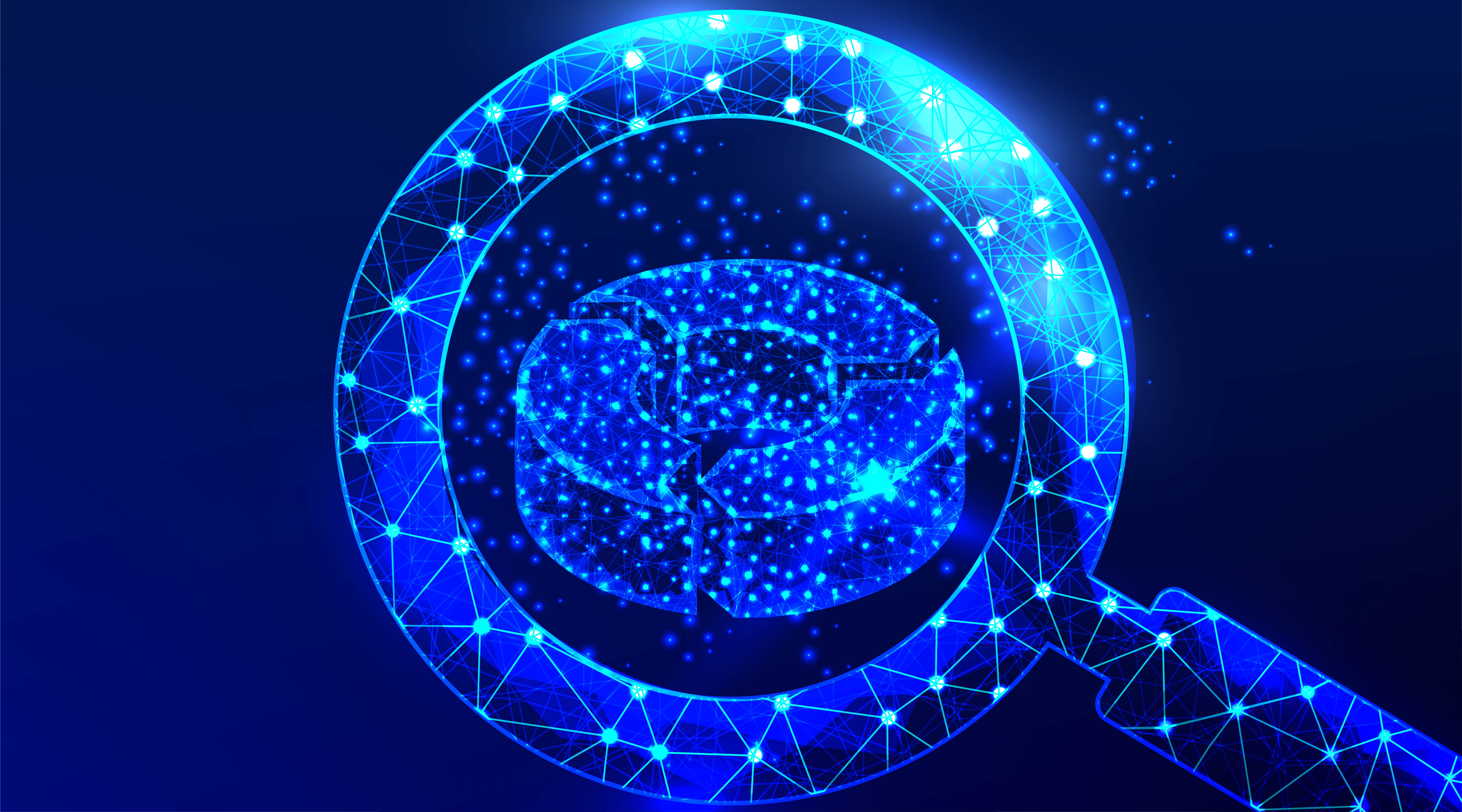 Flat vector cover art, concept of VPN leak test and cybersecurity data protection, a glowing magnifying glass scanning a shield icon with IP address numbers, dynamic digital binary lines, dark midnigh