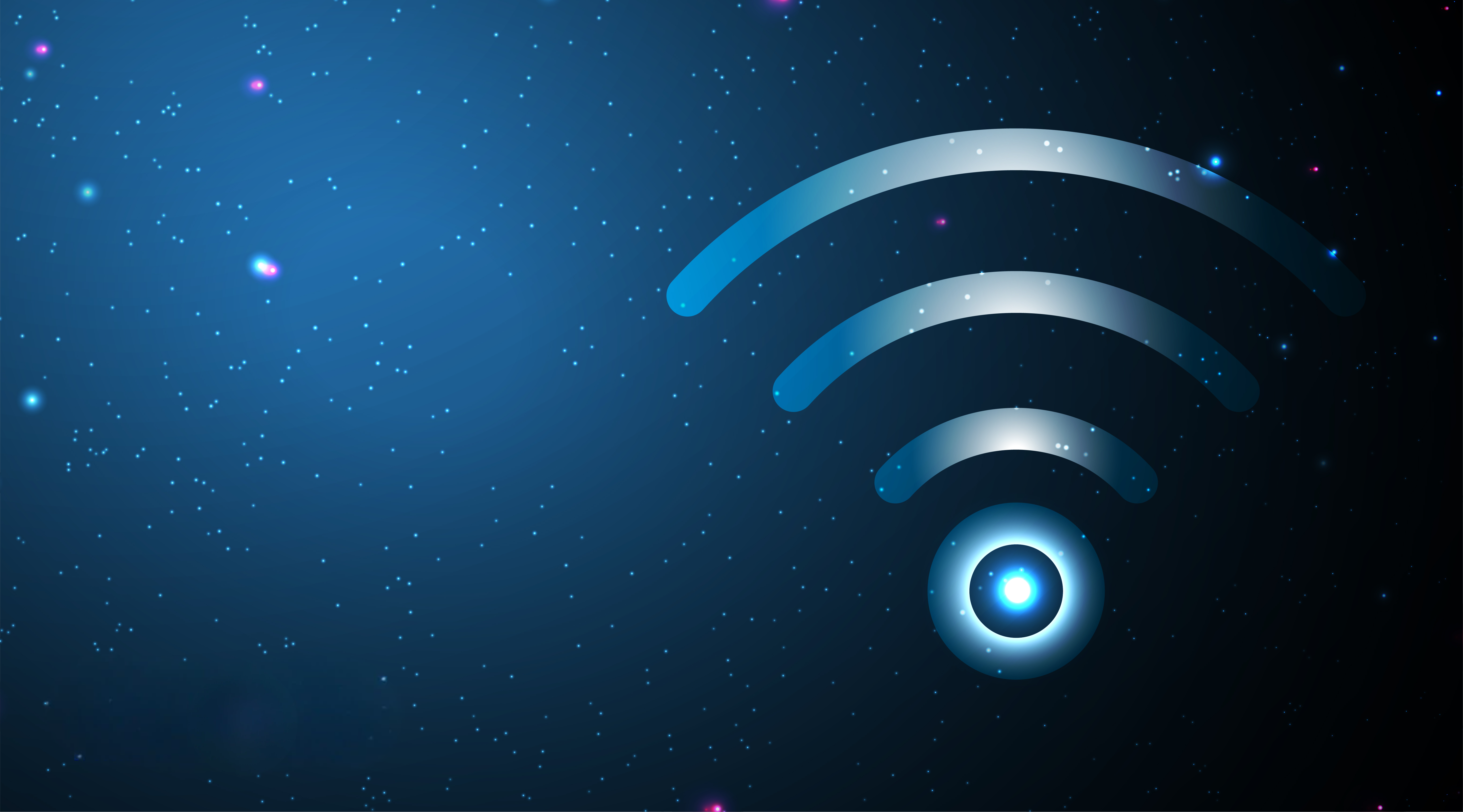 Flat vector cover art, concept of home Wi-Fi router broadcasting secure encrypted signal to Smart TV and multiple devices, glowing neon blue Keenetic router with floating purple shield icons, abstract