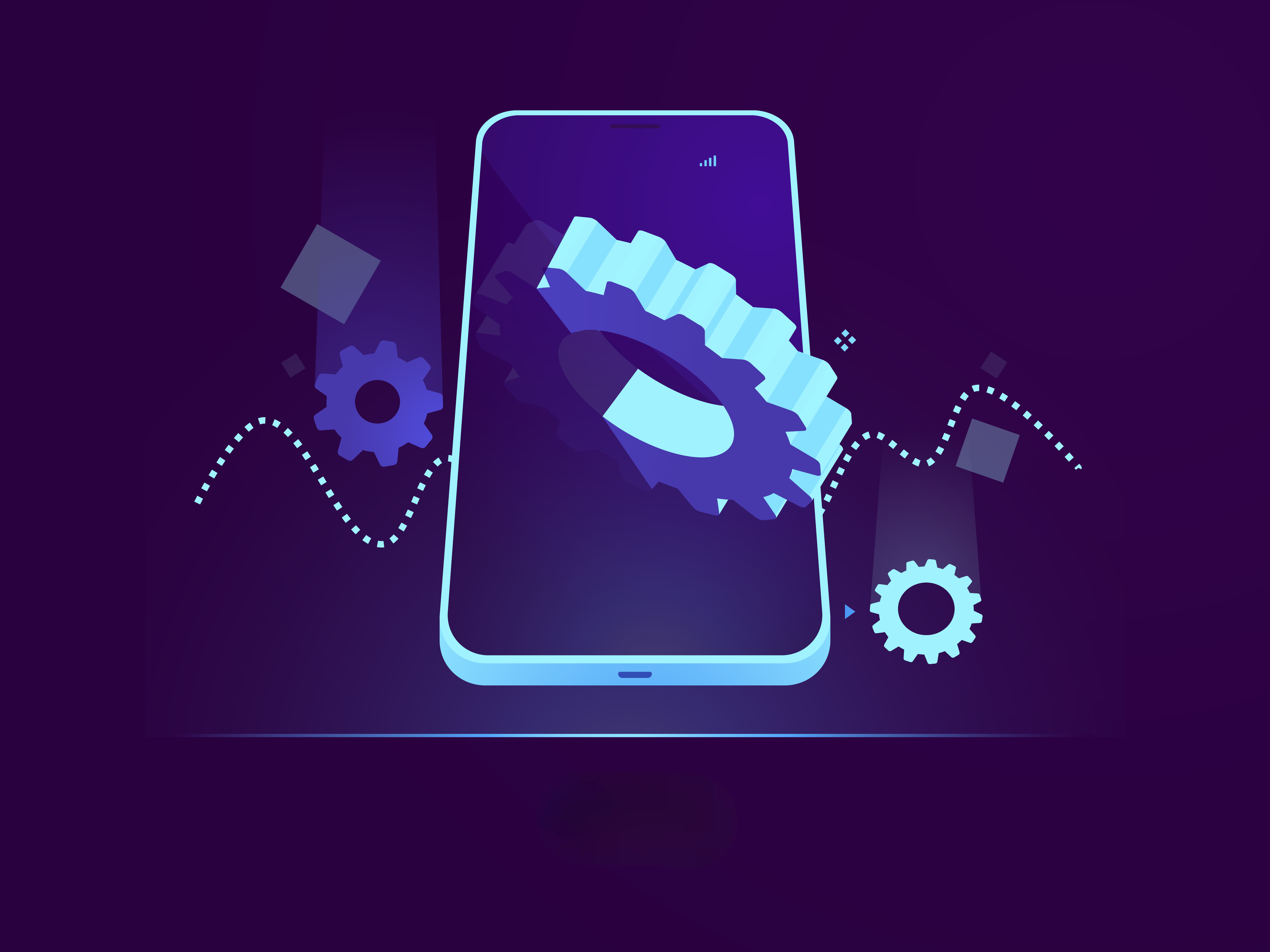 Flat vector cover art, concept of bypassing App Store restrictions and cyber freedom, a glowing neon blue iPhone displaying a broken digital padlock, glowing purple wireframe grid in the background, d
